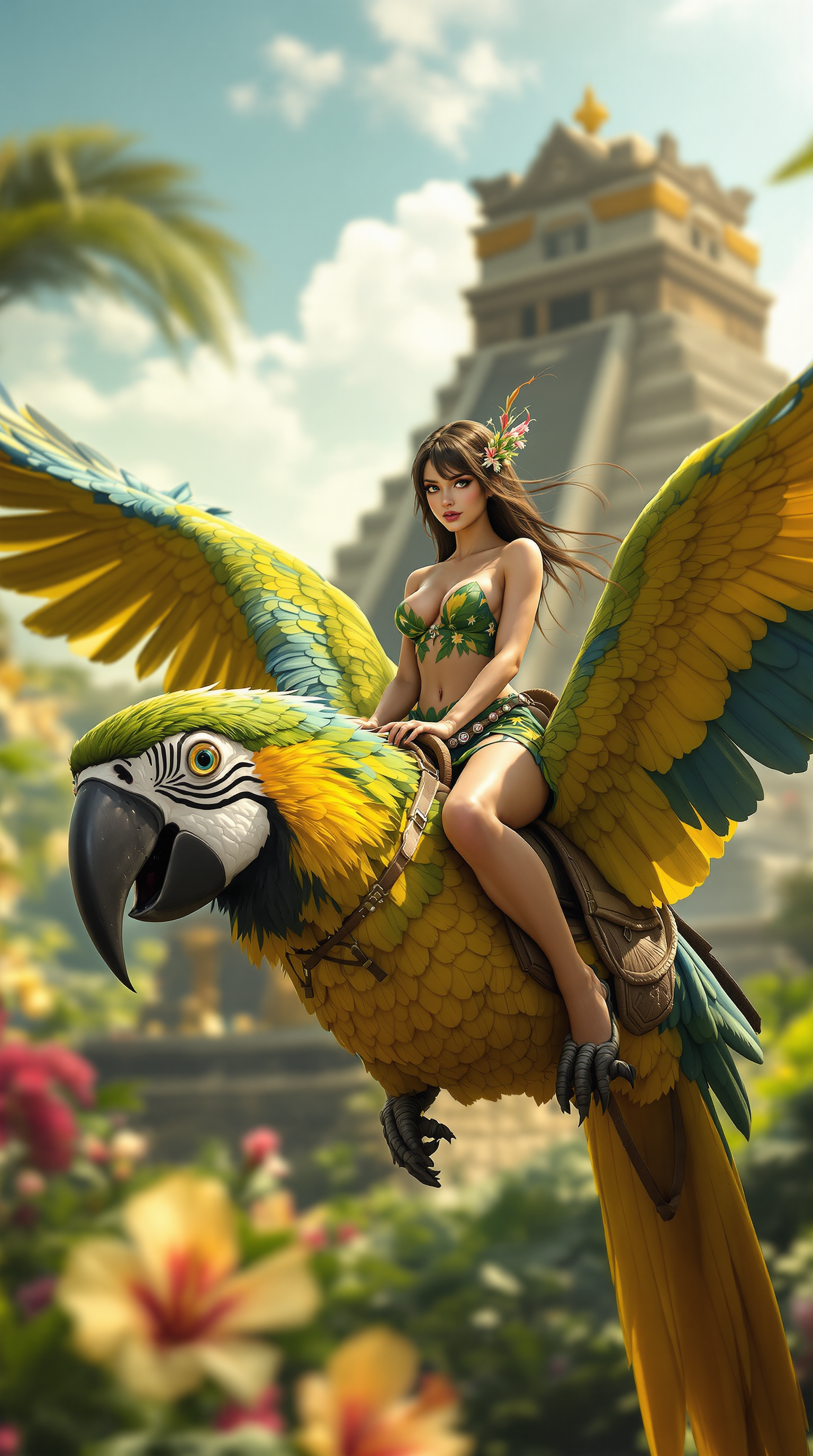 A 7-inch-tall, **Amazonian** shrunken woman with a **brunette** Russian heritage, boasting **pale skin**, **rock hard abs**, a **skinny waist**, **bulging muscled biceps**, and **muscled legs**, **wearing a green and yellow tropical dress** that clings to her **muscular, no body fat** physique. She gazes **directly at the viewer**, her **life-like** appearance contrasting with her **diminished size**. She rides atop a **giant macaw parrot** with a **saddle**, the bird's **wings spread wide** in flight, navigating around a **giant Aztec temple** with intricate carvings. The **Hibiscus flowers** on the garden wall blur into a **surreal, fantasy background**, bathed in the **soft, golden light of late afternoon**. The scene evokes a **light fantasy atmosphere**, where she appears as a **mythical creature** like a fairy or pixie, **vulnerable** in this **enormous, yet enchanting** setting. **Cinematic**, **vibrant colors**, **shallow depth of field**, **dynamic angle** to emphasize the **sense of scale**, **soft focus** on the background to create **dream-like quality**, **vivid textures** to enhance realism.