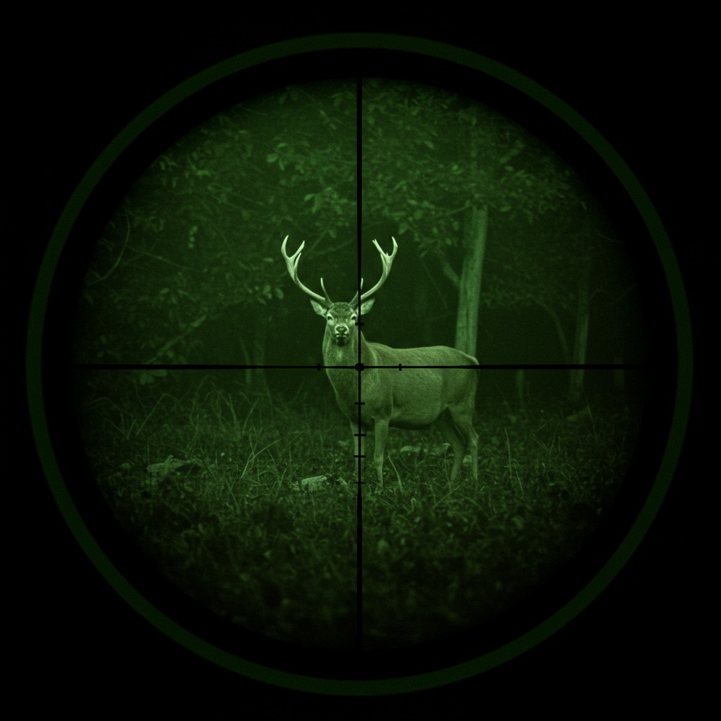 zoom look through a night vision rifle scope with cross and  showing a scene with a huge deer in forrest in grain green night vision color