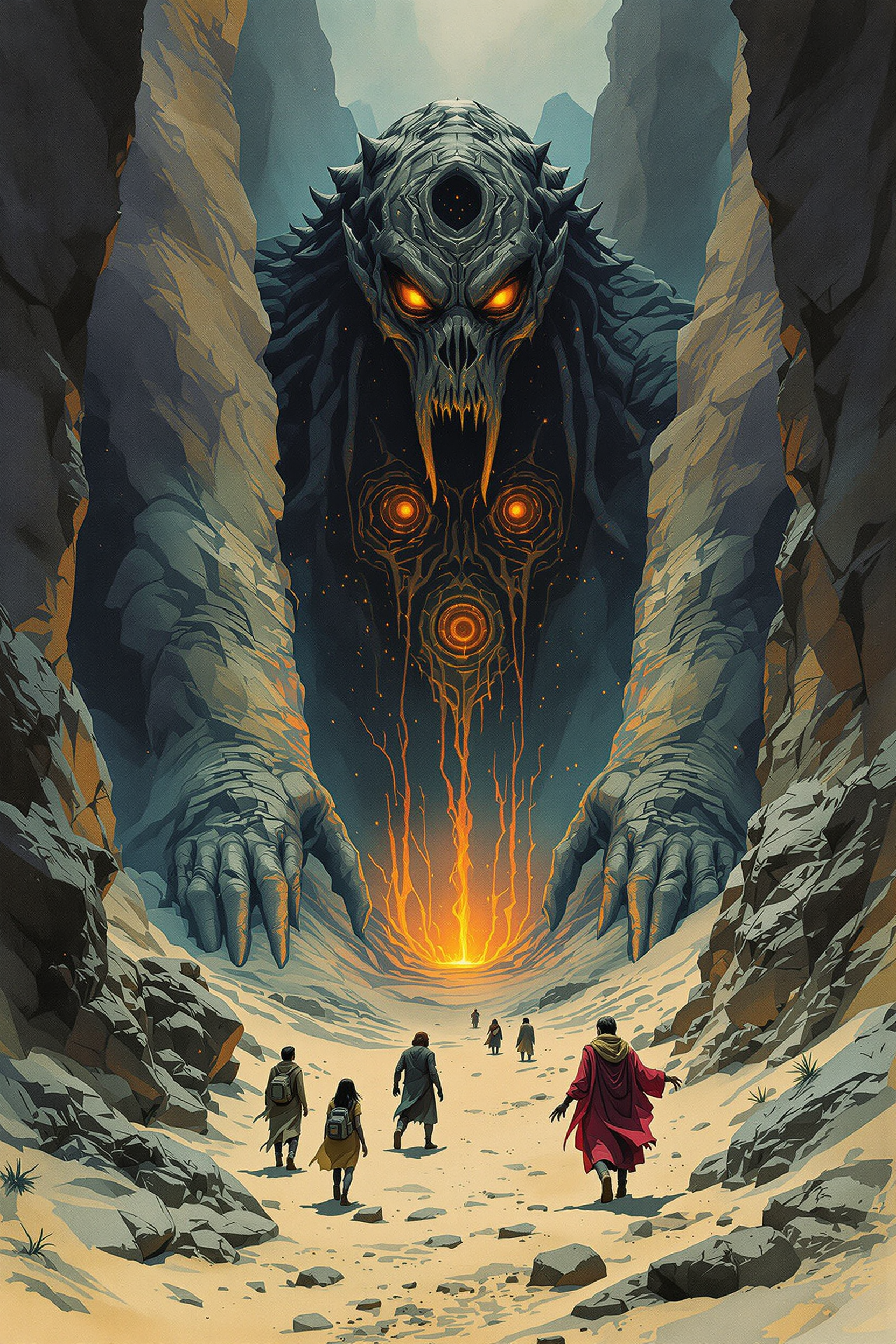 A group of nomads encounters a colossal, dormant being, half-buried in the sand. Resembling a Lovecraftian god, its awakening influences the minds of those around it, revealing cosmic horrors and truths., 
Inspired by the adventurous spirit of 'Indiana Jones' and infused with the ominous, otherworldly mystique of H.P. Lovecraft's universe. Picture a setting that merges the charm and camp of 1980s adventure films with the eerie, dreamlike quality of Lovecraftian horror. Visualize scenes where subtle yet powerful magic underlies the reality, evoking a sense of ancient, unfathomable forces lurking beneath everyday appearances. This blend captures the essence of a surreal, 80s-style cinematic world where every corner hides a hint of mystical wonder and dark, arcane secrets, 
the scene is captured in dimly lit dark fantasy but vibrant colors, with bold ink lines defining form against the watercolor wash of the aged paper