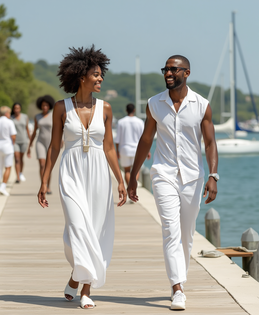 realistic modern (2025) African American women and men dressed in white in the summer. They are walking on a boardwalk at the waterfront. Boats are in the background.