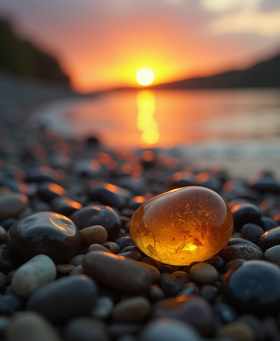 AMBER stones on the riverbank, close-up, macro photography, small stones, sunset on the horizon, beautiful light