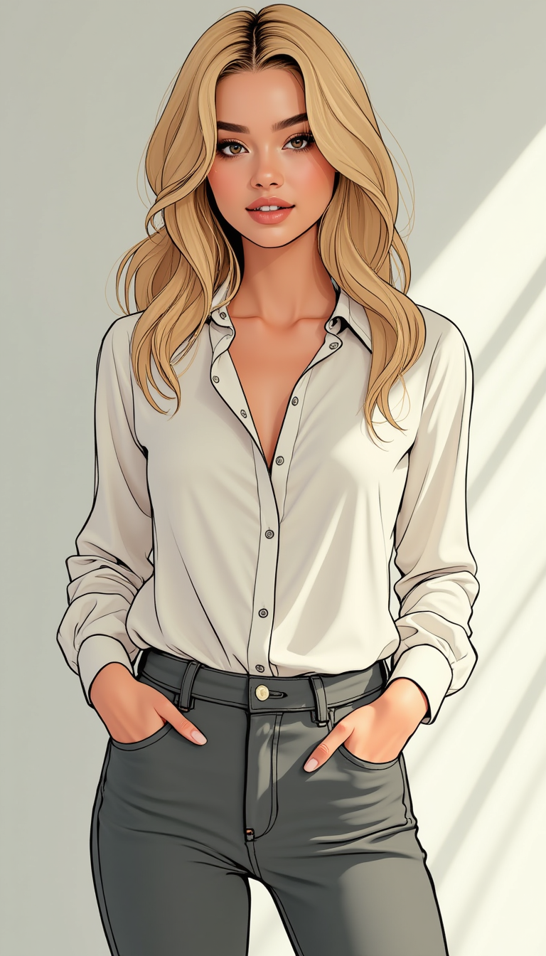 Front view and Full-body shot of Lilly, a 25-year-old pop star singer, standing confidently and posing for a promotional photo. She has fair skin, captivating brown eyes, and blonde hair styled in soft, straightened waves cascading over her shoulders. Lilly is dressed in a chic, casual outfit, featuring a tailored white blouse with subtle detailing, paired with elegant high-waisted trousers or fitted jeans, showcasing a modern yet understated style. The environment is a minimalist studio setting with a clean backdrop, softly lit to draw attention to her refined appearance. Rendered in a comic book style, the artwork features bold, sharp contours, refined textures, and a balanced monochromatic palette with subtle silver and white accents. The lighting is soft and natural, with a gentle glow that highlights her poised confidence and effortless elegance. Her pose radiates professionalism and charisma as she looks directly at the camera with a warm, engaging expression. The image is polished, high-resolution art, ideal for use in promotional materials."  This version ensures a professional but casual look, removing the stage and performance outfit while maintaining a polished, stylish tone.