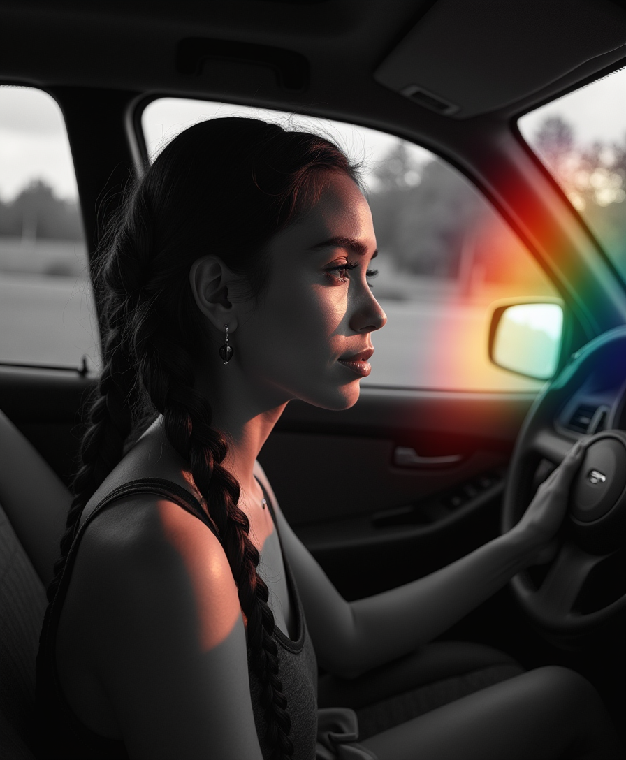 Minimalist photography of a woman with rainbow prism lighting, she is in her car looking out window, high contrast black and white, beautiful woman, long hair in braids, soft glow, high fashion, hasselblad photography
