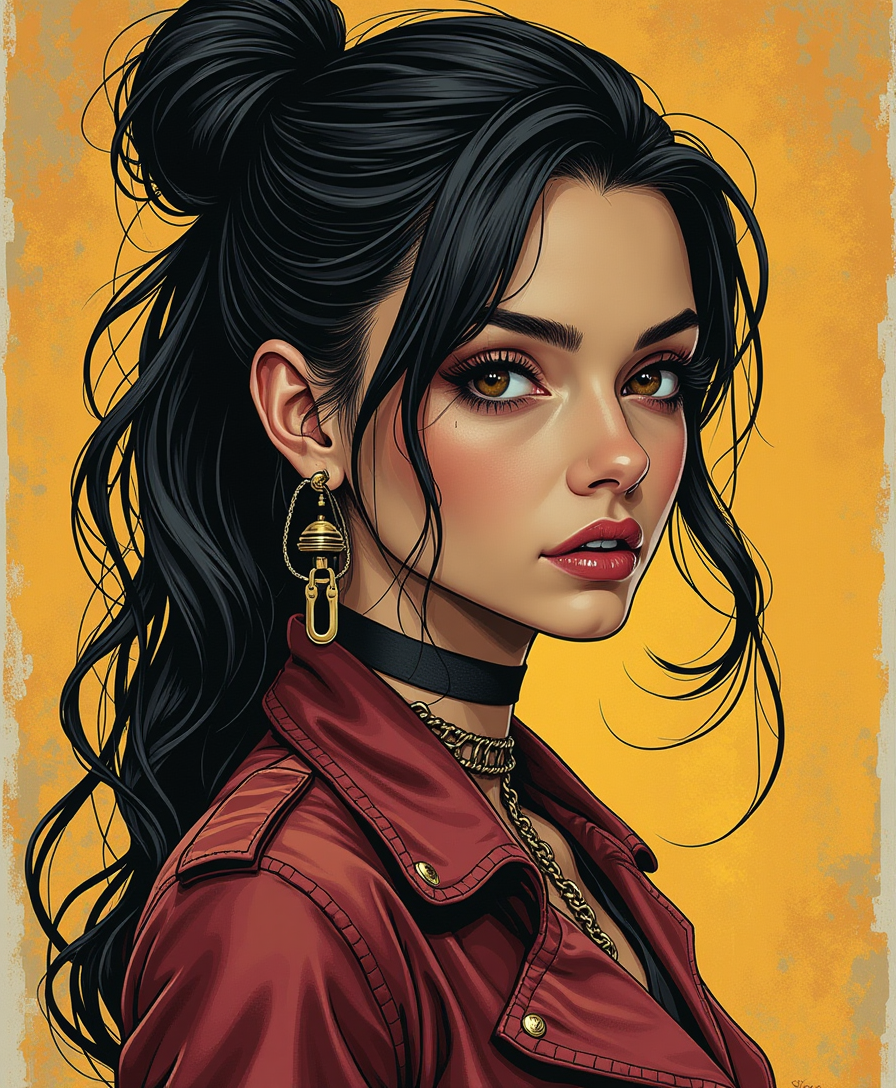 Beautiful woman in the recently created electronic punk style mixed with comic book style. FULL BODY, ((Striking German woman model exuding charismatic actor energy))(Incorporating Ghibli aesthetics)((Embracing carton texture for a rough, tactile surface))(Infusing an earthy and organic appearance)