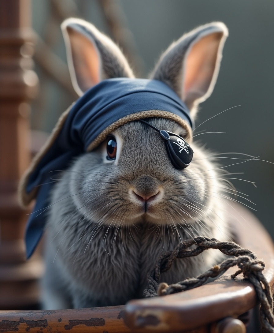 A cute small gray bunny with a pirate eye patch on its right eye on a pirate ship