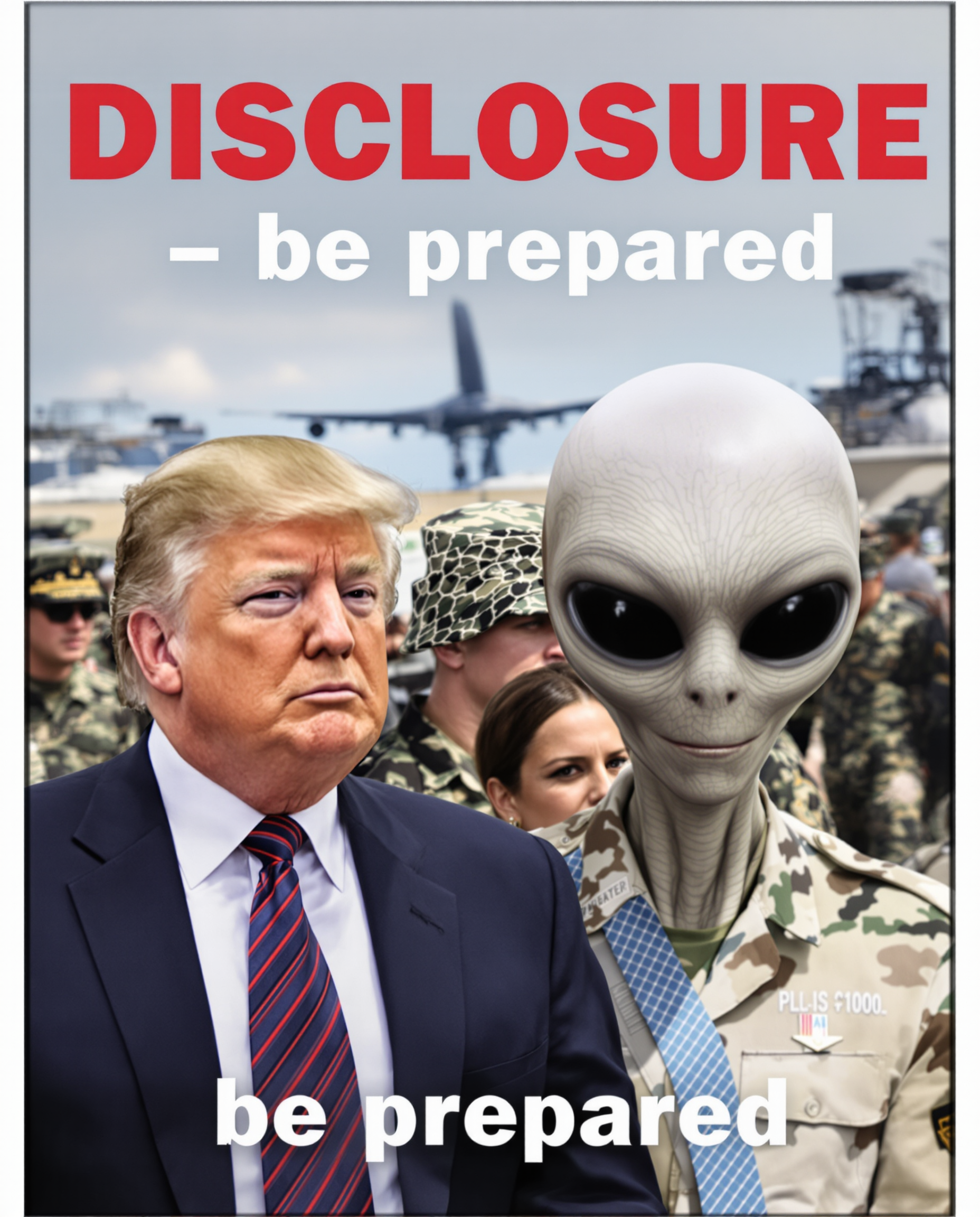 Donald Trump followed by grey extraterrestrial alien being on a military base. picture is titled with text: "Disclosure - be prepared". Background military people, bokeh