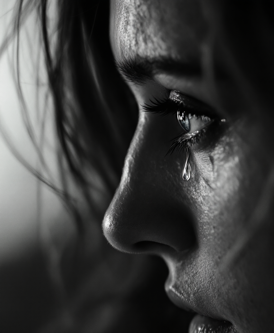 cinematic film still of crying style, a side view of a woman's eye with a tear hanging from it, solo, 1boy, monochrome, greyscale, male focus, melodrama, movie themed, sharp, detailed, epic cinematic photography, artistic, dramatic light, cinematic color style, Kodak film style, crying style, 1girl, close-up, realistic, photorealistic, closeup, side view, blurry, lips, tear drop:1, shallow depth of field, vignette, highly detailed, high budget, bokeh, cinemascope, moody, epic, gorgeous, film grain, grainy
