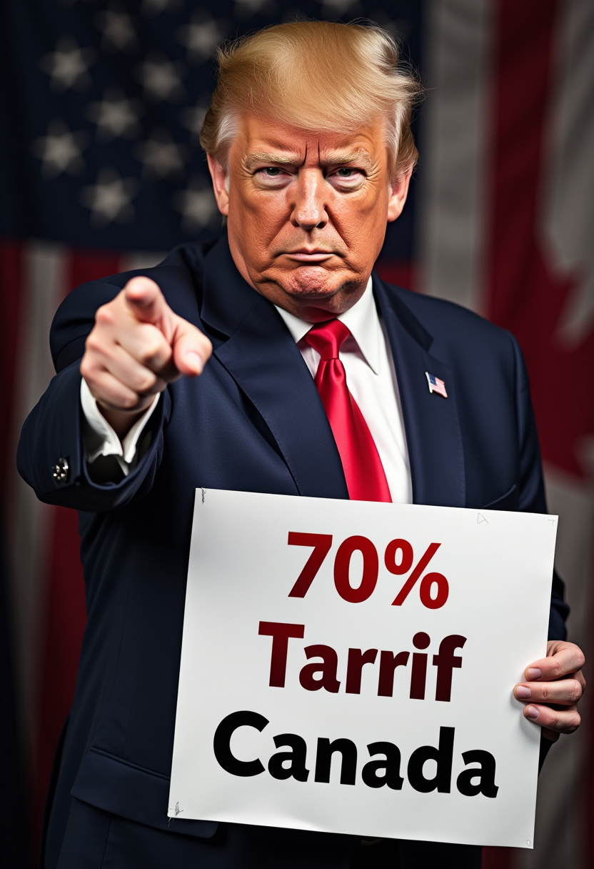 Create an image of Donald Trump pointing at the viewer and holding a sign with the words "70% Tarrif Canada " 