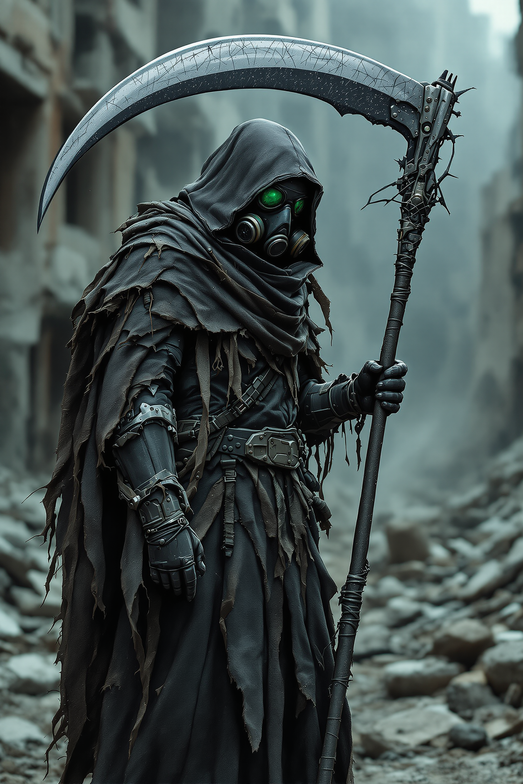 A figure of a dark reaper in a post-apocalyptic world, dressed in dark, worn armor and wrapped in a ragged, long cloak with a hood. His face is hidden by a gas mask with a filter and shiny visors and green goggles - he holds a large, mechanical scythe with a blade full of scratches and technological details, directed to the side. Background: destroyed, abandoned buildings, covered in dust and rubble, emphasizing the atmosphere of the fall of civilization. ultra-detailed, ultra-photographic, dark