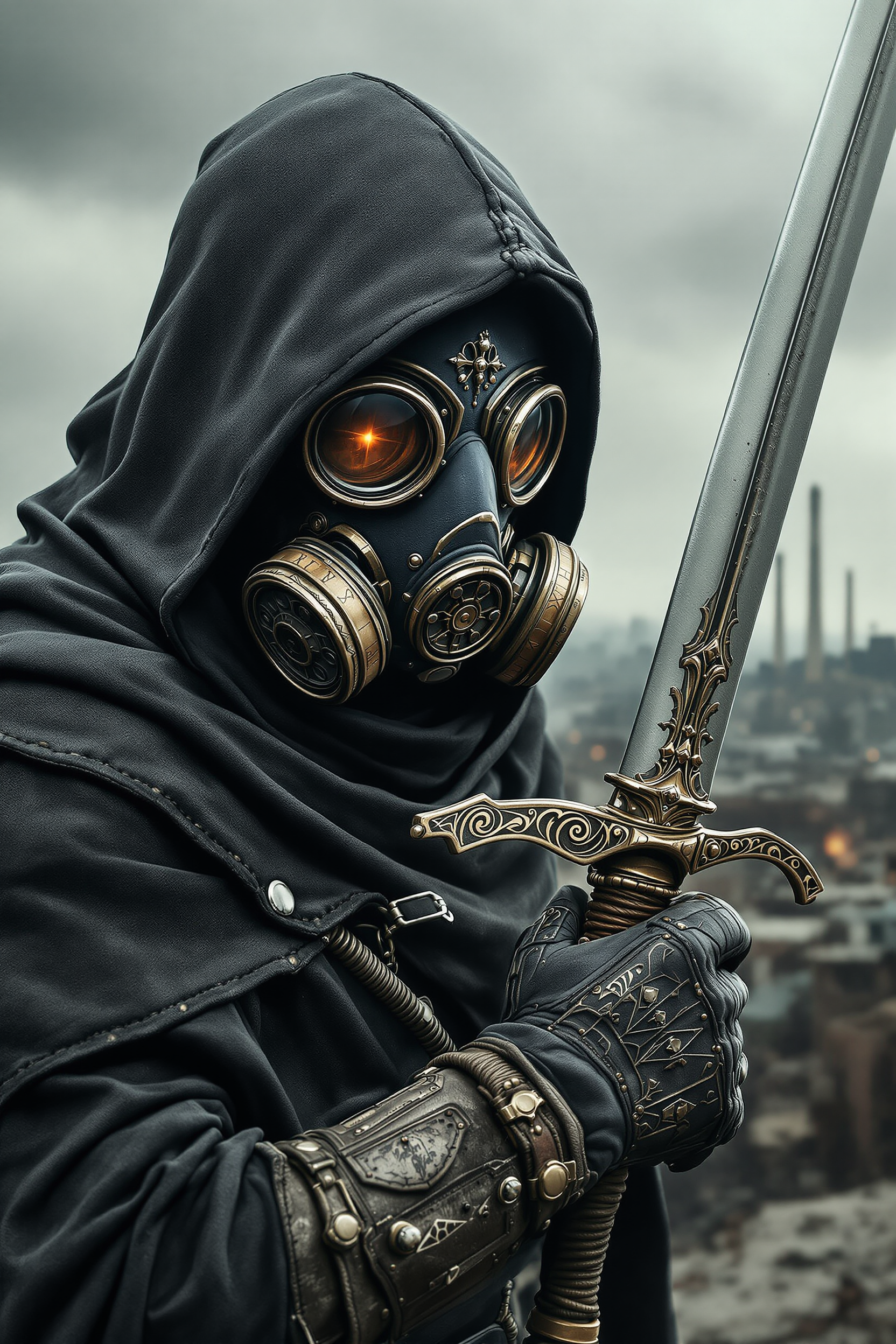 A post-apocalyptic warrior wearing a dark, weathered hooded cloak and an intricate, steampunk-inspired gas mask with large circular lenses and metallic filters. The mask has a detailed, industrial design with engravings and mechanical elements. The warrior grips a finely crafted sword with an ornate hilt, featuring engravings and a wrapped handle, exuding a mix of medieval and futuristic aesthetics. The gloves are made of worn leather with metallic buckles and reinforced stitching. The background depicts a desolate, ruined city with abandoned buildings and distant industrial smokestacks under a gray, cloudy sky, emphasizing the dystopian and war-torn atmosphere. The overall tone is dark, gritty, and cinematic, evoking a sense of mystery and resilience in a harsh, unforgiving world