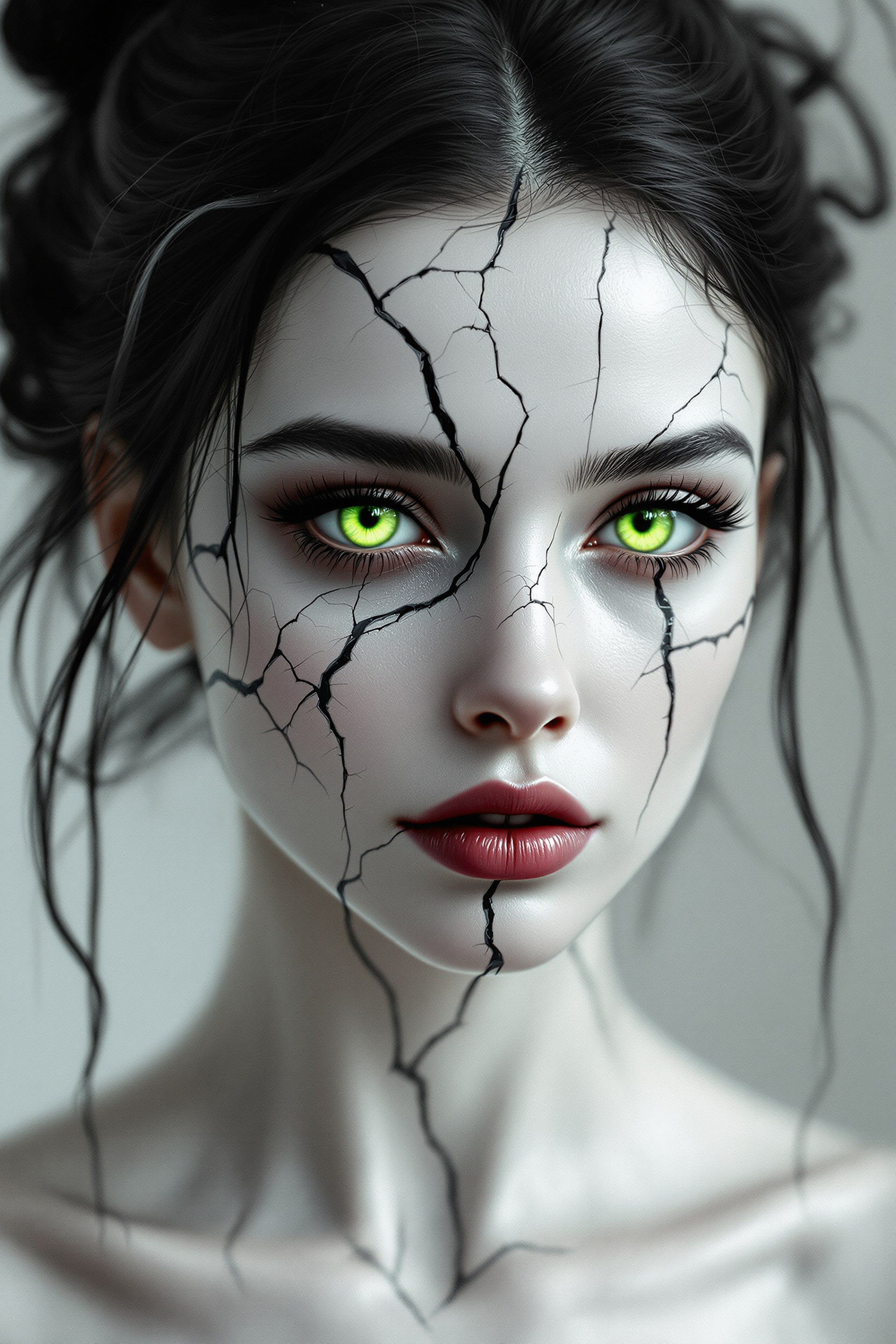 A mesmerizing, surreal portrait of a woman with delicate, subtle facial features - made of perfectly gleaming porcelain, made in the style of a black and white illustration. Her expressive, melancholic gaze seems to penetrate the observer. The woman's face is delicately cracked like old porcelain or cracked paint on a wall, with deep cracks running across her forehead, cheeks and neck. The woman has mesmerizing, brightly glowing, green eyes - like a cat. The hair is black, loosely pinned up, with single strands of gray and a streak of red, falling around the face, giving it an ethereal and mysterious look. The black elements on the silhouette contrast with the bright, almost white background, reinforcing the impression of fragility and decay. The whole composition gives the impression of a subtle deconstruction of identity, symbolizing the inner emotional cracks and delicacy of the human psyche. HD 8k ultra-detailed ultra-natural ultra-photographic image - thought-provoking