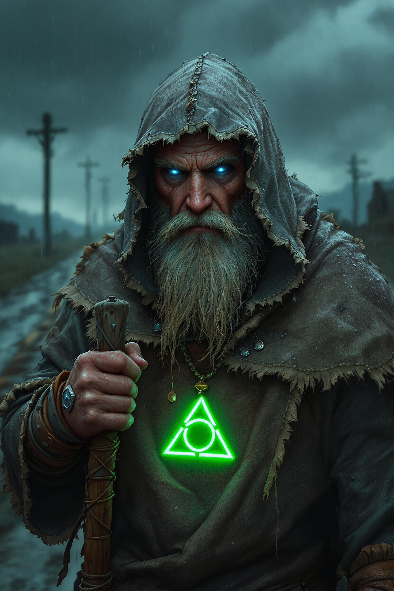 An ultra-detailed and hyper-realistic digital painting of an old, bearded wanderer in a post-apocalyptic wasteland, walking through a stormy, desolate landscape. His piercing, glowing blue eyes reflect wisdom and power. His tattered, hooded cloak is made of rough, weathered fabric, covered in dirt, frayed edges, and intricate stitched patches. Rain pours down heavily, drenching his worn clothing, with droplets clearly visible clinging to the fabric. His deeply wrinkled face, sunken yet strong, tells a story of hardship and survival. His hand, aged and calloused, grips a gnarled wooden staff, wrapped in leather and adorned with small trinkets. Around his neck hangs a mysterious glowing green talisman in the shape of a triangular symbol, casting an eerie light on his chest. The background is blurred but shows an abandoned road, broken structures, and a dark sky filled with heavy clouds. The entire scene is soaked in rain, creating dynamic reflections and wet textures on every surface. The atmosphere is both mystical and ominous, evoking a sense of ancient power and survival in a ruined world