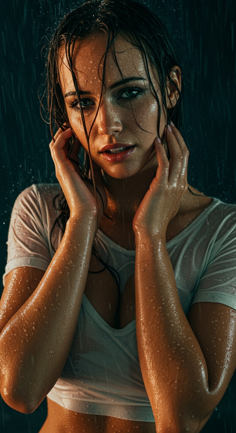 Extreme realistic depiction of a Wet Beauty Under Night Rain, in upper body shot, curvaceous glamorous body, hair hair over one eye,  extremely wet, realistic wet skin texture, realistic wet clothing heavy rain, realistic fabric texture, casual shirt crop top, adjusting her wet hair, head tilted slightly down.
Show a few wet hair flyaways around her face, catching the light and adding a natural, slightly messy look.detailed iris patterns in her eyes, with subtle color variations and a bright highlight, glossy texture to her nails, with soft reflections and a natural curve, adding to the overall wet appearance.
One hand resting on her cheek, the other hand relaxed at her side, looking at viewer, seductive smile,