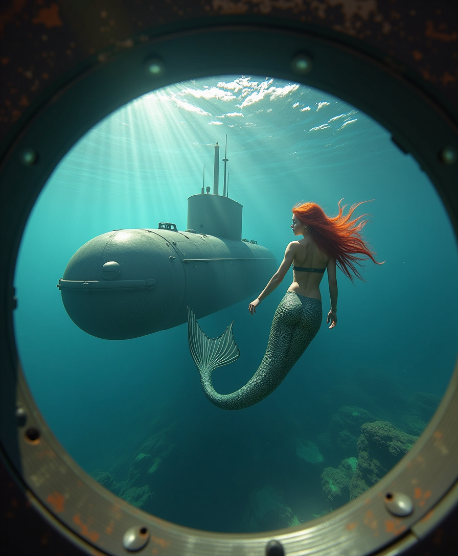 POV looking through a porthole, a beautiful sexually revealing mermaid girl with a beautiful tail swims underwater next to a modern submarine. The mermaid has long red hair. Realistic photo, high quality.