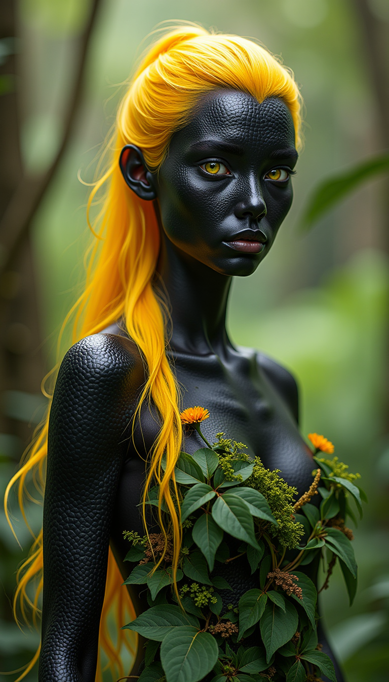 Create a hyper-realistic, professional-quality photograph of a young woman with striking black and yellow salamander-like features, set in a wild, natural environment. Her skin is textured like a salamander’s, with bold patterns of glossy black and vibrant yellow that create a mesmerizing, high-contrast appearance. She has strong, piercing yellow eyes that reflect her connection to the wild, and her hair is a vivid, strong yellow, standing out dramatically against the natural surroundings.black light armor,menacing face.
Her clothing is crafted from natural vegetation—leaves, vines, and flowers that are woven together to form a dress, blending seamlessly with the wilderness around her. The setting is deep in a lush forest, surrounded by rich greenery, towering trees, and dappled sunlight filtering through the canopy, casting a soft light on her unique features.
The lighting in the scene is natural, enhancing the glossy texture of her black and yellow skin and the vibrant color of her hair and eyes. The overall composition highlights the harmony between her striking appearance and the wild environment, creating a visually stunning and ethereal image."