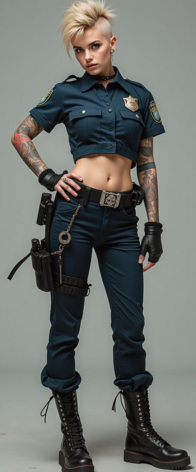 A rebellious 25-year-old woman, embodying a mix of tomboy, emo, and punk styles, stands boldly in a police uniform. She sports a short Mohawk haircut, exuding an air of defiance and confidence. With a very skinny frame, large hips, and a strikingly big torso, her presence commands attention. This action pose captures her in a moment of strength and rebellion. The image, whether a painting or photograph, showcases high-quality details like intricate tattoos and unique accessories, immersing viewers in her edgy persona.