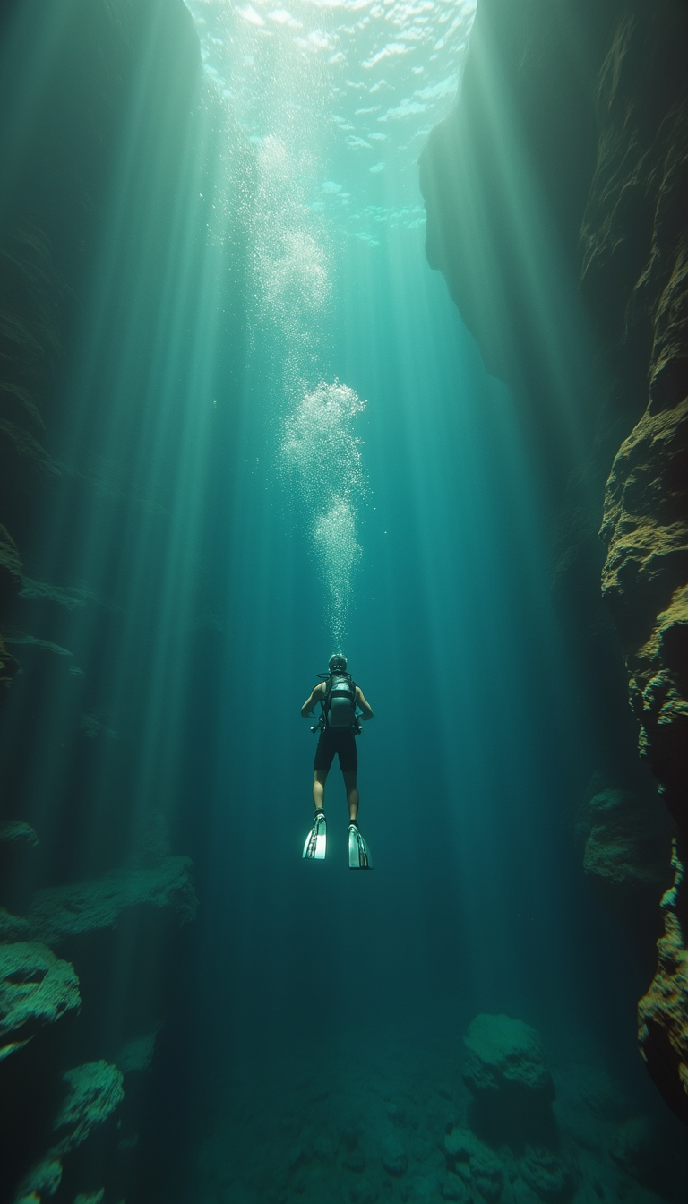 A breathtaking cinematic keyframe depicting a lone diver plunging into the crystal-clear turquoise waters of Jacob's Well, the sunlight above piercing the surface, casting a kaleidoscope of shimmering hues as the diver disappears into the enigmatic depths. The atmosphere is tense with anticipation, evoking the sense of an otherworldly mystery. The scene is set against a backdrop of weathered, rocky formations, cloaked in a veil of soft, velvety darkness. The diver's facial features are obscured, adding to the air of mystique, as they plummet downwards, their sleek, silver scuba gear glinting in the fading light. The cinematic color grading is reminiscent of the masterful works of Maciej Kuciara, Jama Jurabaev, and Wojtek Fus, with rich, bold hues and subtle pastel undertones. The shallow depth of field, subtle vignette, and delicate bokeh blur create a sense of intimacy, as if the viewer is experiencing the plunge firsthand. The image is shot on Kodak Porta 400 and Cinestill 800 film, captured through the lens of a Leica M10, imbuing the scene with a timeless, filmic quality.