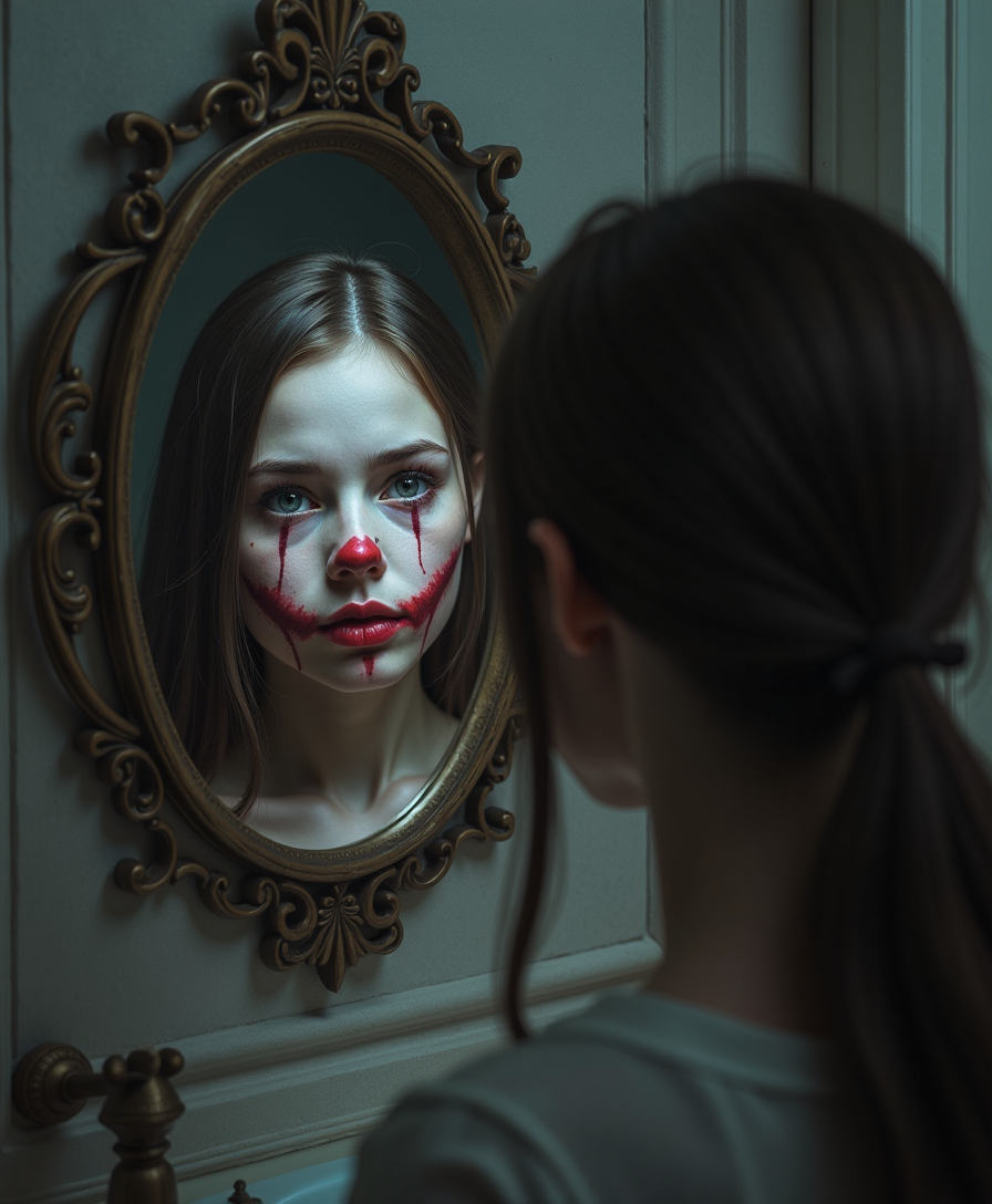 a girl with face near the mirror with horror background