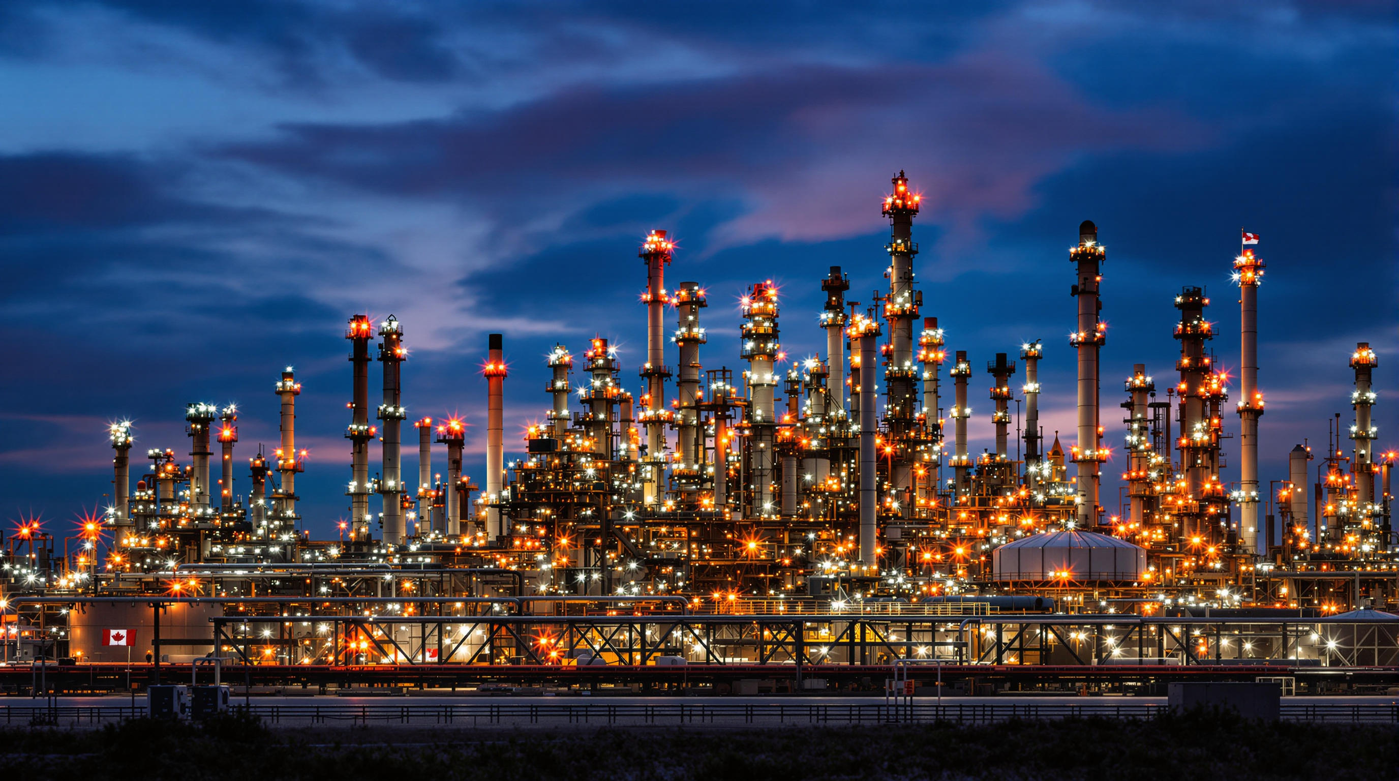 create an image of a "IRVING" Oil refinery at dusk, lots of lights, Canadian Flag. 