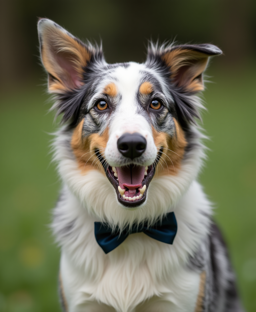 a male Border Collie Blue Merle dog, without a bun, without a bow and with his mouth open





