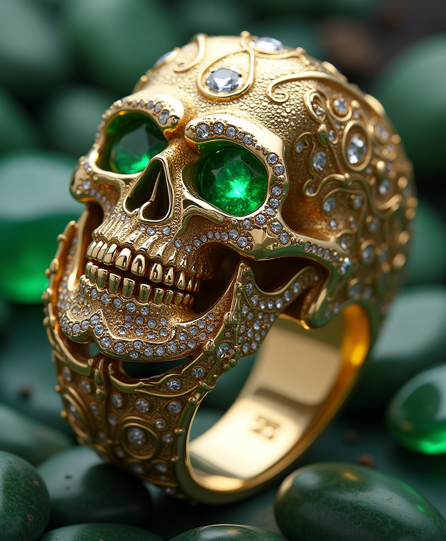 A highly detailed, luxurious illustration of a masculine ring featuring a regal skull king's head as the centerpiece, crafted from 24-karat gold and adorned with intricate details, set amidst a bed of sparkling diamonds and vibrant emeralds, with the skull's eyes and teeth accentuated with bright, high-quality diamonds, the golden metalwork showcasing subtle, ornate engravings, and the emeralds emitting a radiant, vibrant green glow, the overall design exuding opulence and sophistication, with the ring's band thick and sturdy, perfect for a confident, stylish gentleman.