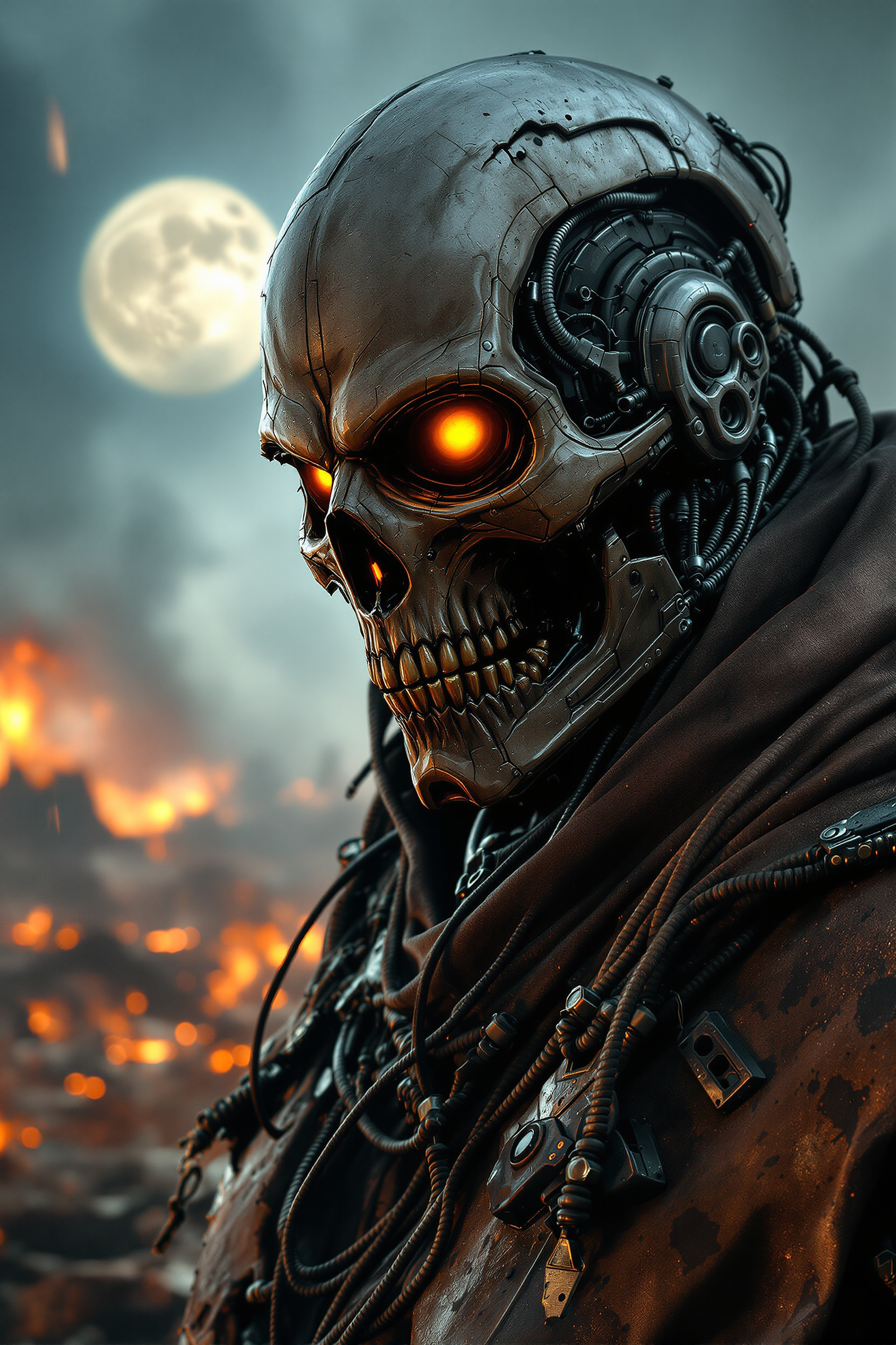 Example: A highly detailed cybernetic skull-faced warrior with glowing orange and yellow 