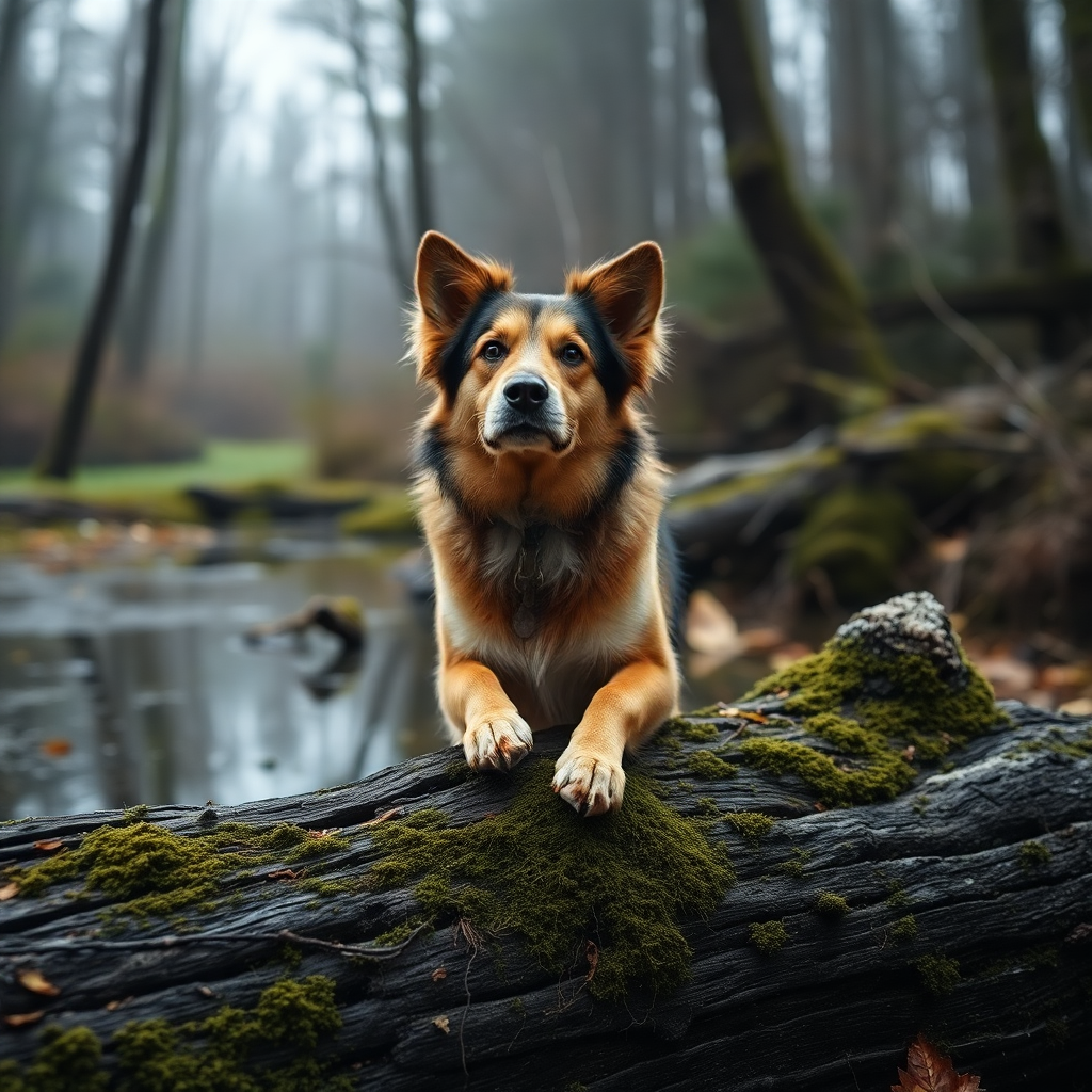 a dog in a bog on a log