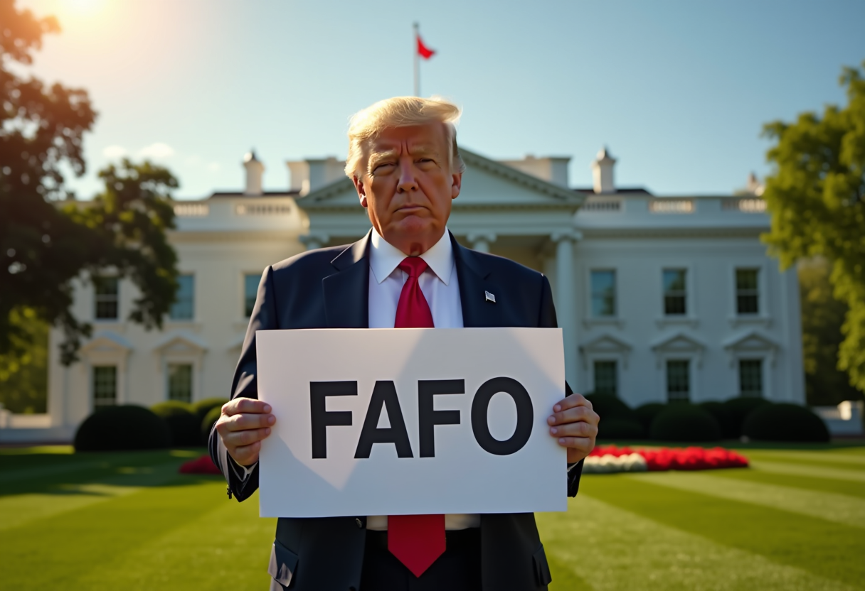 Create an image of Donald Trump standing in front of the White House looking at the viewer, hooling a sign that reads "FAFO" hot sunny day. 