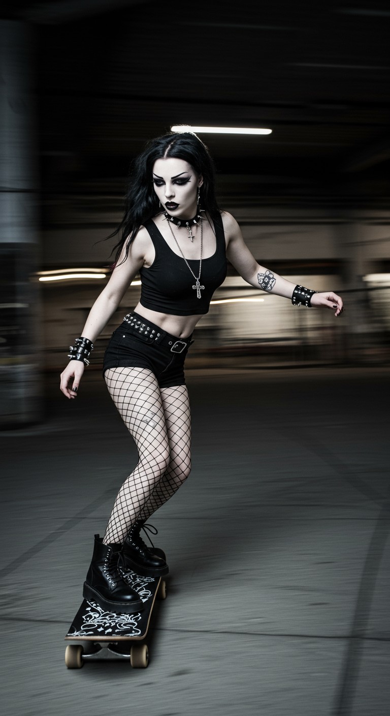 photorealistic gothic skater girl in tight black shorts and black belly free tank top driving skateboard, gothic style, fishnet pantyhose, gothic makeup