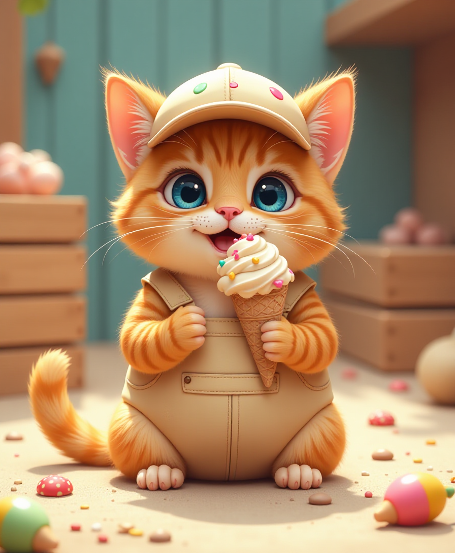 A small, anthropomorphic ginger cat, positioned in the center of the image, is seated.  The cat wears a light beige painter's cap adorned with colorful paint splatters and a matching beige overall suit, also with colorful paint splatters.  The cat's large, expressive blue eyes and slightly open mouth convey a playful, joyful expression.  The cat appears to be eating an ice cream cone. The cat's body is plump and round, with short legs. The backdrop features wooden crates, scattered small objects resembling candies and sweets, and a sandy-colored ground.  The lighting is bright and highlights the cat's fur and the ice cream. The colors are vibrant and playful, with warm tones like ginger and beige dominating, complemented by the colorful splatters and ice cream. The perspective is at a slightly elevated angle, providing a view of the cat from above the ground.  The overall style is whimsical, cute, and cartoonish, creating a cheerful atmosphere.  A light source, likely the sun, casts a soft, warm glow, illuminating the cat and creating subtle shadows. The image has a highly detailed and smooth finish, characteristic of a digital illustration.