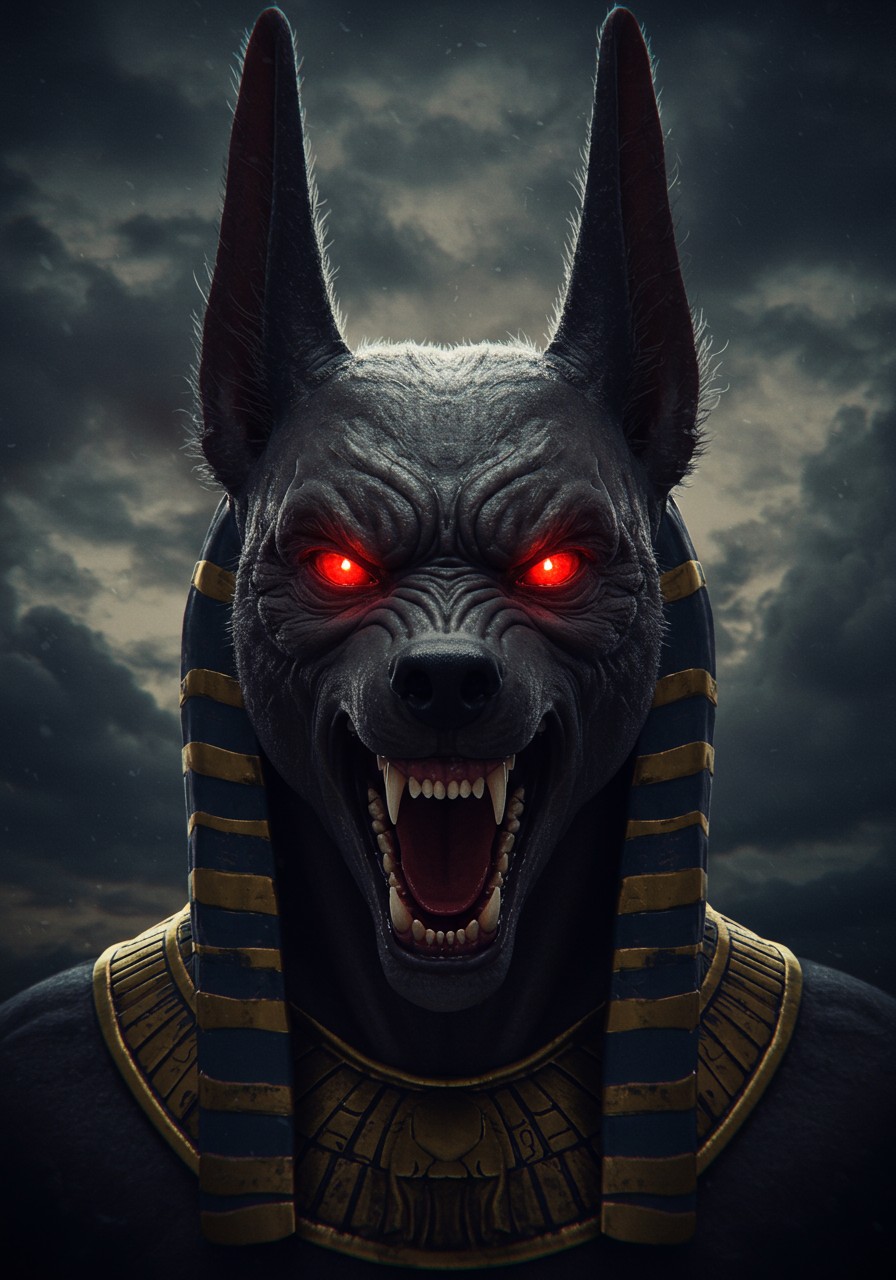 Angry anubis with scary face and res eyes