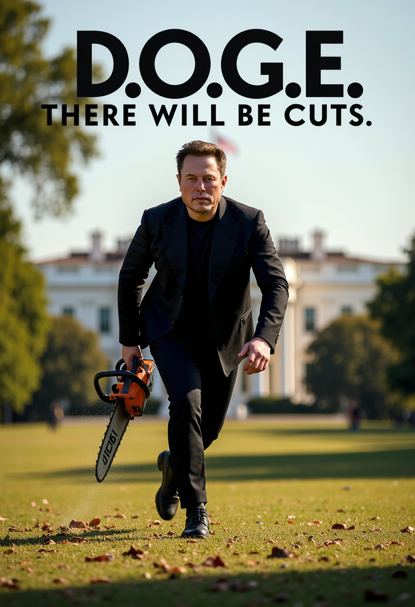 a poster of MUSK, a man MUSK is running towards the viewer carrying a chainsaw in his hands, wearing a black suit, background the White House. Sunny day.

Text of top of poster reads "D.O.G.E. There will be cuts" 