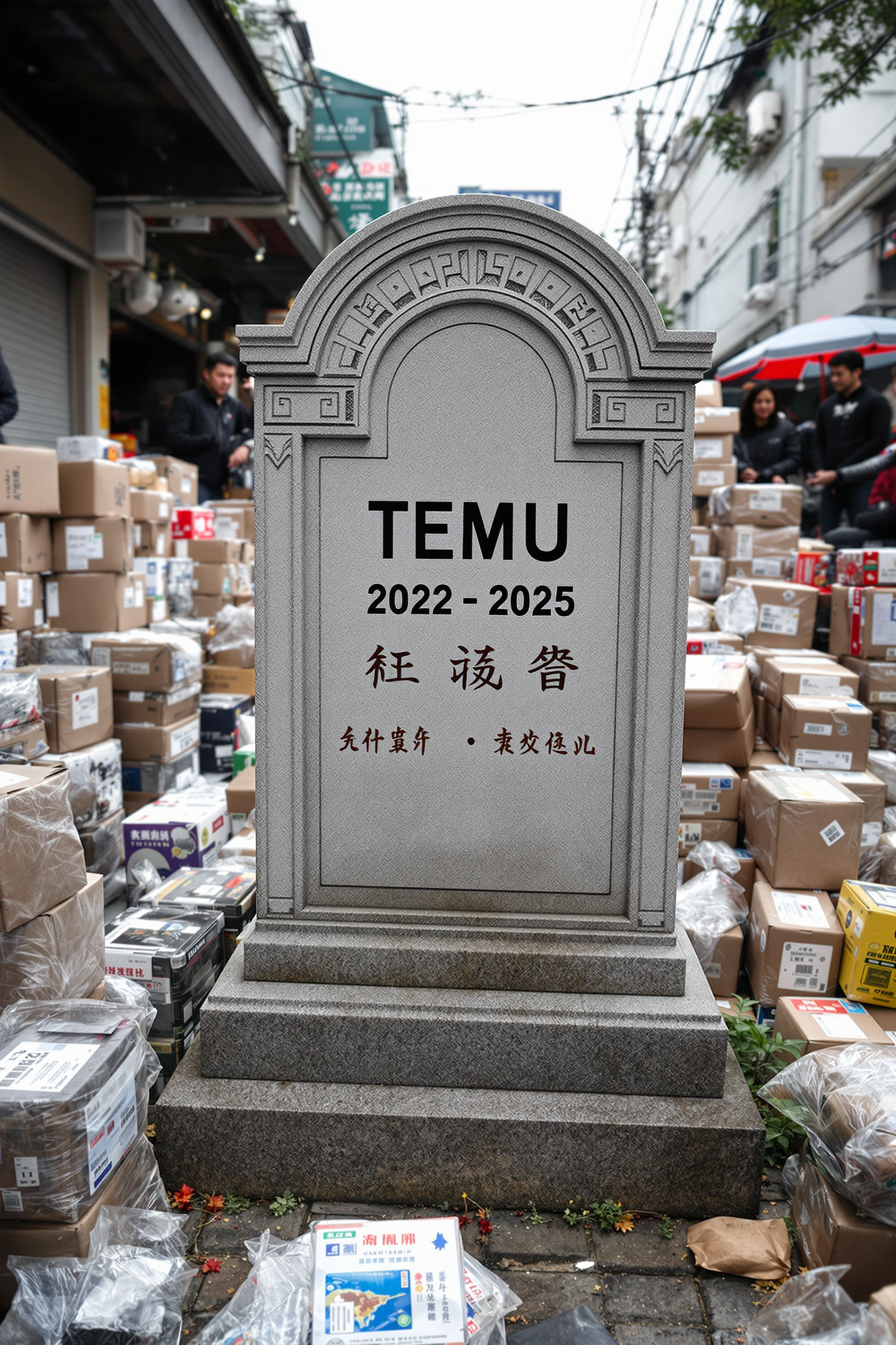 Create a photo of a  short Tombstone with text on it that reads "TEMU 2022 - 2025" also some chinese letters.. surrounded by a bunch of chinese people and massive amounts of parcels