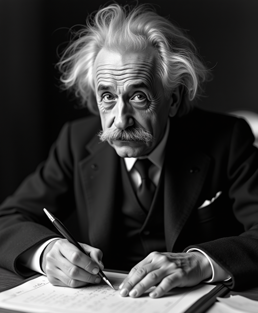 Einstein in his youth, looking thoughtfully at the camera as he writes his famous formula with a quill pen