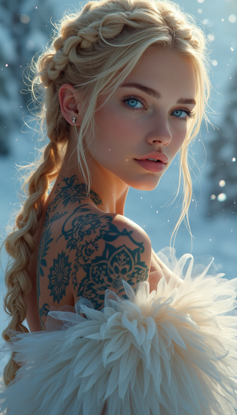 High fine resolution whole-body illustration of a sexy 23-year-old blonde European girl. The artwork is created in a stunning 20k resolution, masterpiece extremely proud ethereal woman with tattoos stands, her presence radiating unwavering strength. Her blonde braids cascade down her back, framing a face full of determination and  resilience. This stunning portrait captures her  piercing blue eyes reflecting the icy landscapes in the mountains, in the deep snow. Dressed in fairy white tulle, her expression testifies to her enchanting feminine spirit. This high-quality painting seamlessly combines power and grace and transports the viewer into the captivating story of a fierce princess of the ice desert. playful body manipulations, divine proportions, smile without a shower, looking into the camera, holographic shimmer, whimsical lighting, enchanted ambience, soft textures, imaginative artwork, ethereal glow, quiet luminescence, whispering silence, dazzling encounter, vibrant background, full body, from head to feet (((rule of thirds))), high quality, high details, high resolution, (Bokeh:2), backlight, Long exposure:2