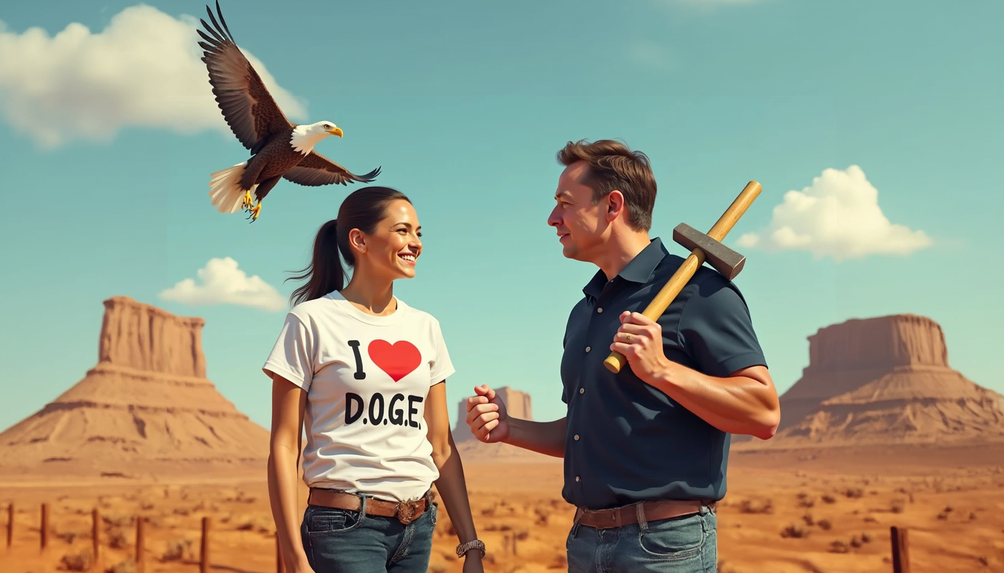 a photo of Alexandria Ocasio-Cortez wearing a shirt that reads I Love D.O.G.E looks lovingly at Elon Musk while he carrys a sledgehammer with an eagle flying overhead