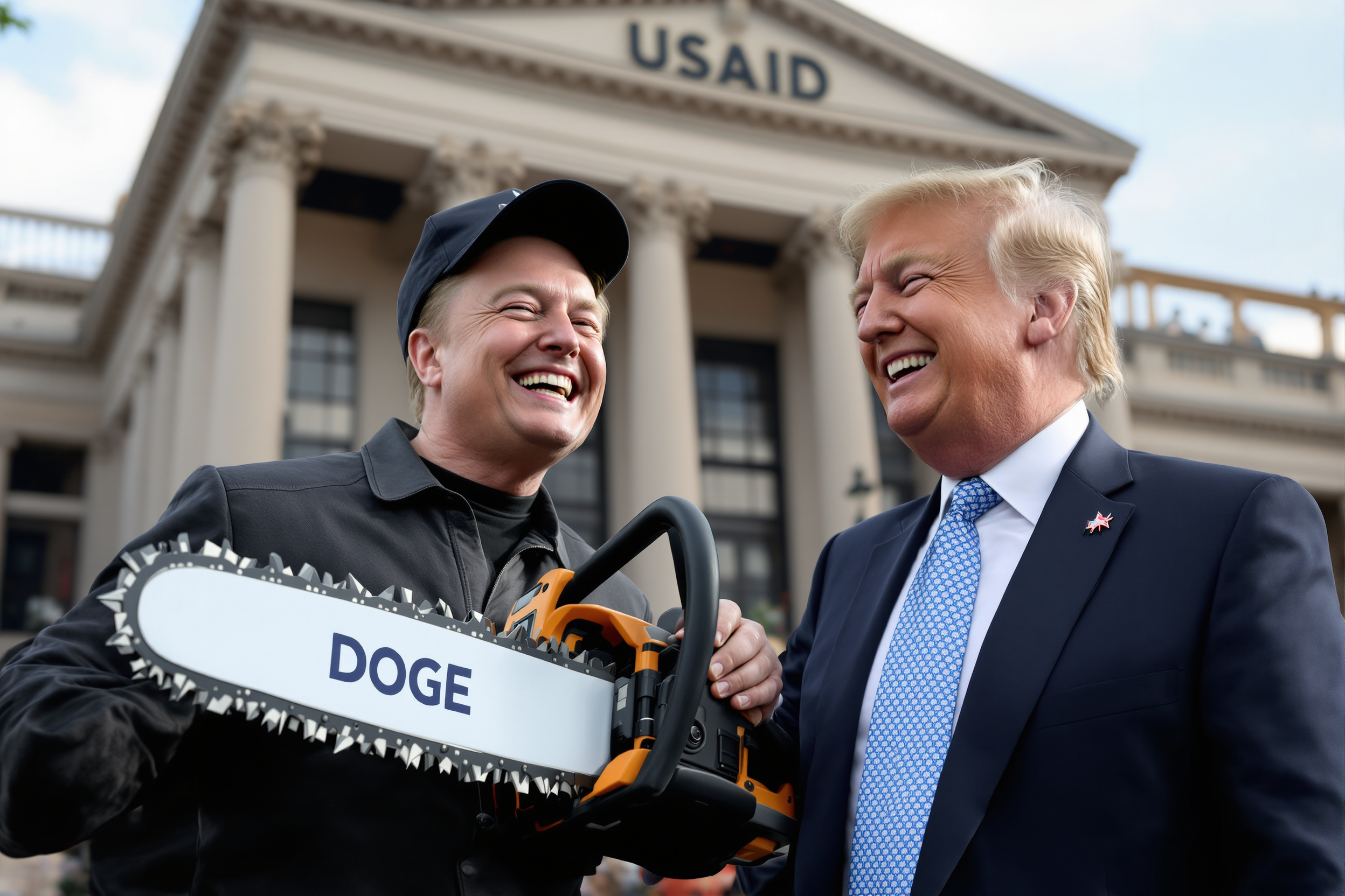 Create an image of Elon Musk holding a chainsaw with the logo "DOGE" and Donald Trump standing next to him, both are laughing joyfulling. Background a building with the name USAID on it