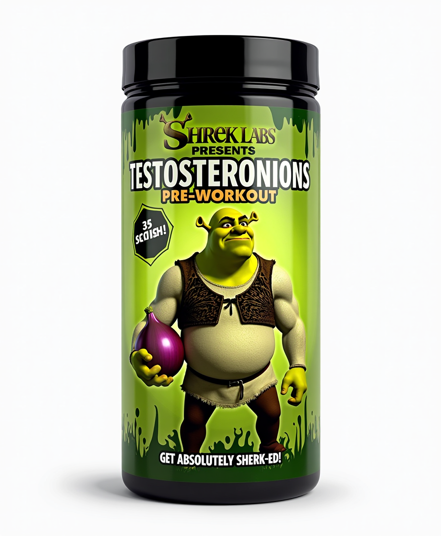Design a bold, comedic preworkout supplement tub labeled 'SHREK LABS PRESENTS TESTOSTERONIONS', "Pre-workout", with a swampy, ogre-green background featuring cartoonish onion graphics and a high-energy vibe. Show the profile of an angry-faced Shrek flexing his insanely over-the-top steroid, bicep on the label. Include the text '35 Servings.' and at the bottom of the tub a tagline reads "Get Absolutely SHREK-ED!" in a Shrek-inspired style