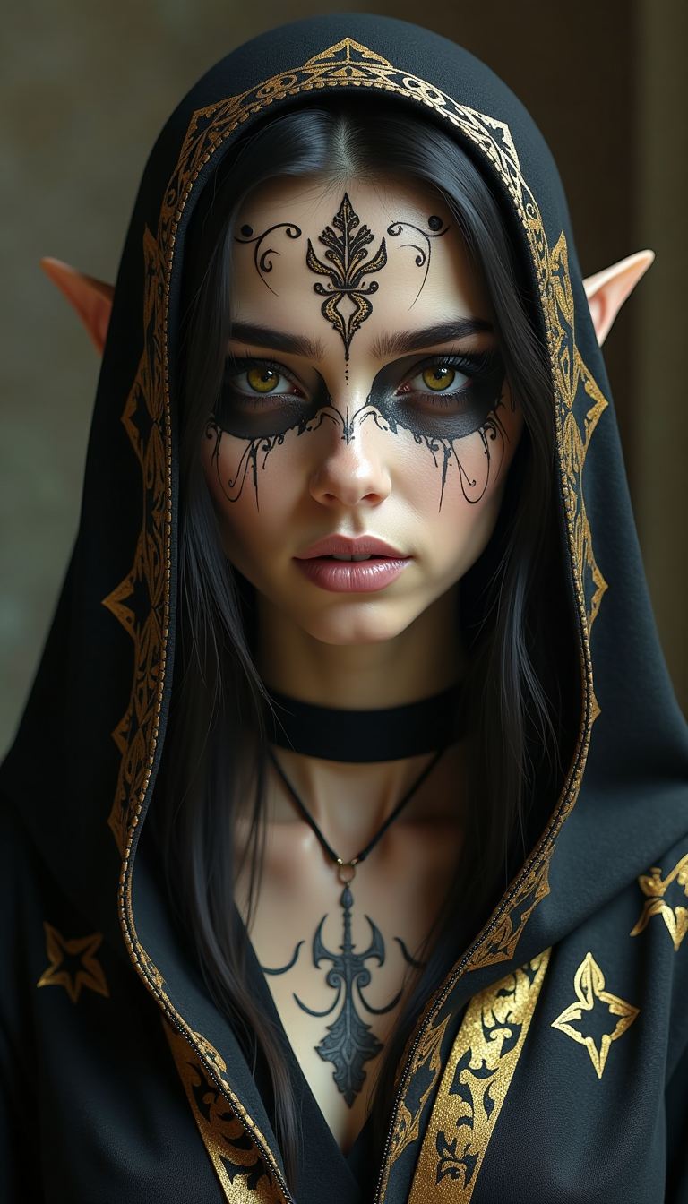 hyperrealism, elven girl, a stunning photo of a gorgeous necromancer female Aerenal Elf, gold and black robes, face warpaint, skull face paint, gorgeous, 8k HD, detailed skin texture, ultra realistic, textured skin,. (maximum ultra high definition image quality and rendering:3), maximum image detail, maximum realistic render, (((ultra realist style))), realist side lighting, , 8K high definition, realist soft lighting, (amazing special effect:3.5)
