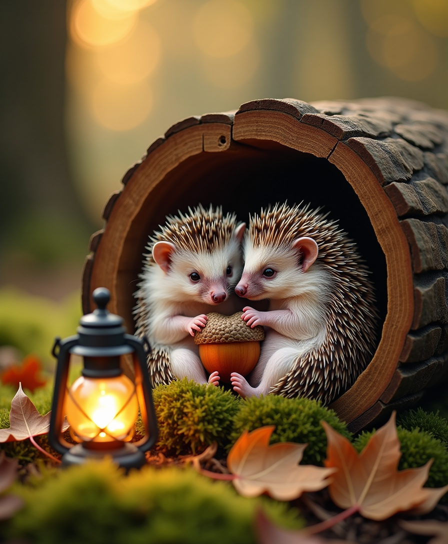 Two tiny hedgehogs curl up inside a hollowed-out log, nestled in a bed of soft, warm moss. One nudges a heart-shaped acorn cap toward the other, their little noses twitching. A flickering lantern nearby casts a golden glow over the scene as the wind rustles through fallen leaves.
