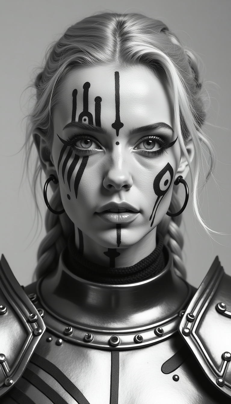 This is a high-resolution, black and white photograph of a european female Knight with an otherworldly, futuristic aesthetic. She has a light skin tone with a scattering of freckles across her face and a striking, tribal-inspired body paint or tattoo. The paint covers her face and neck, forming intricate geometric patterns and abstract designs, she IS wearing a silver polished spikey pauldron. Her hair is blonde and braided in a messy, loose style, with a few strands falling around her face. She wears large, circular ear gauges in her ears, which add to the edgy, avant-garde look. The background is a plain, gradient grey, ensuring all focus remains on her face and body art. The texture of the tattoos appears smooth and glossy, blending seamlessly with her skin. Her expression is neutral, with slightly downturned lips and a serene, almost detached demeanor, contributing to the overall eerie, alien-like atmosphere. The photograph is shot with high contrast and sharp focus, emphasizing the stark, geometric patterns.