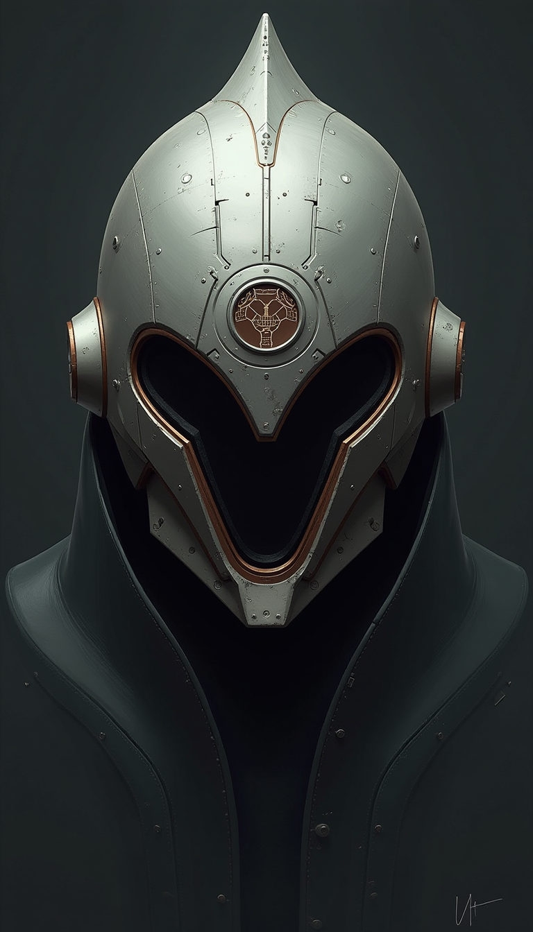YFG-SRS, YFG-Taal, sharp photo of a digital illustration of a futuristic helmet. The helmet is made of metal and has a metallic sheen. It has a pointed top with a small finial on top. The front of the helmet has a large circular hole in the center, which appears to be a circular emblem. The emblem is made up of small circles and lines, and is surrounded by a dark brown border. The background is a dark grey color, and the overall mood of the image is ominous and ominous.