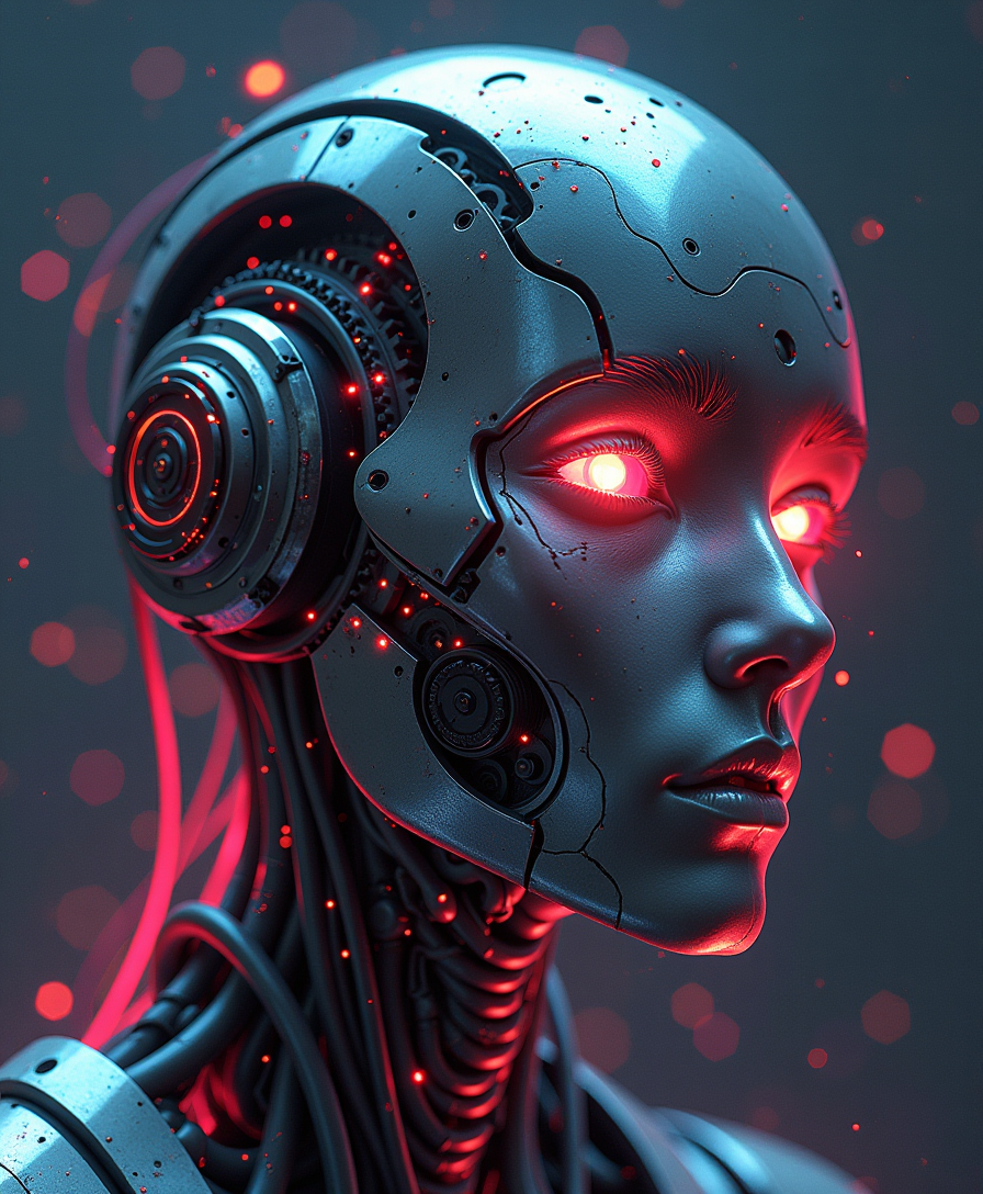 Monochrome with color, retro scan of spectral neon Gradient ascii_art, a 80s Sci-fi Ethereal. Dark space, 80`s sci-fi , neon-pastel colors, grainy, vintage.
Closeup portrait of a dystopian sci-fi samuraji in the style of ck-ncr,, a mesmerizing construct of intricate mechanical components and faint remnants of its cyborg origins. Its form is a masterpiece of engineering, composed of countless interlocking plates, exposed gears, and micro-cables weaving through its frame like synthetic veins. Shimmering wires pulsate with a faint, rhythmic glow, hinting at an advanced power core deep within.
The few remaining traces of humanity are subtle yet haunting—perhaps a fragment of an organic jawline or the delicate curvature of an eye socket, now surrounded by layers of metallic plating. Its "face" is an elegant fusion of angular mechanics and fragmented symmetry, with glowing optical sensors that scan the world with a piercing, analytical intensity.
Surrounding the robot is a storm of electromagnetic interference, with flickering sparks and faint neon reflections playing across its metallic surfaces. The palette of faded neon blacks, muted silvers, and electric blues adds to the gritty, dystopian atmosphere. Despite its mechanical dominance, there is an ineffable sense of a lingering human soul within—a ghost in the machine.
This figure is both awe-inspiring and unsettling, a vision of humanity's ambition and its haunting aftermath. n30nfilm, vantablack, in the style of ck-ncr.