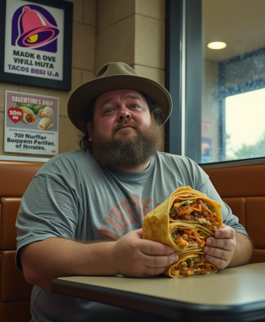 Example: Photograph of an obese man with unkempt hair wearing a fedora and a tshirt sitti