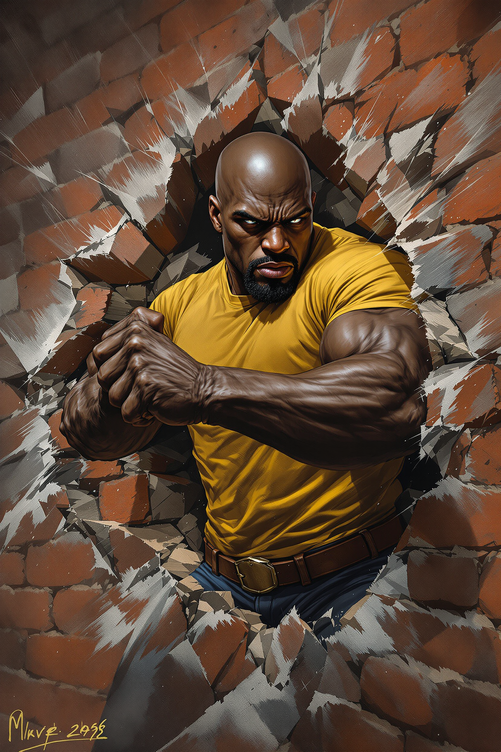 digital oil painting: marvel iconic luke cage screengrab; close up of muscular blackman punching through a brick wall, he is bald, wears a yellow t shirt, a brown belt, and blue jeans. ultra realistic, Dynamic view