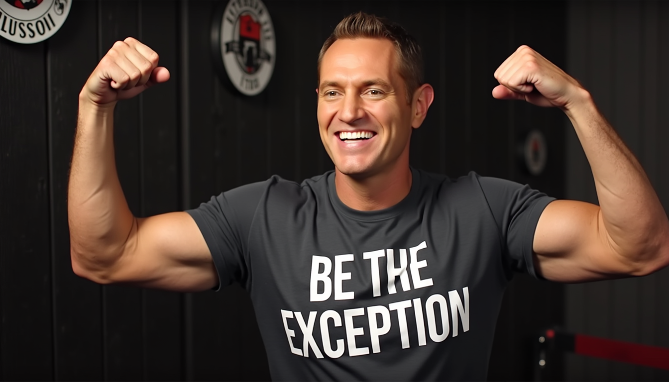 a photo of DH,smiling and pumping his fist, wearing BE THE EXCEPTION shirt