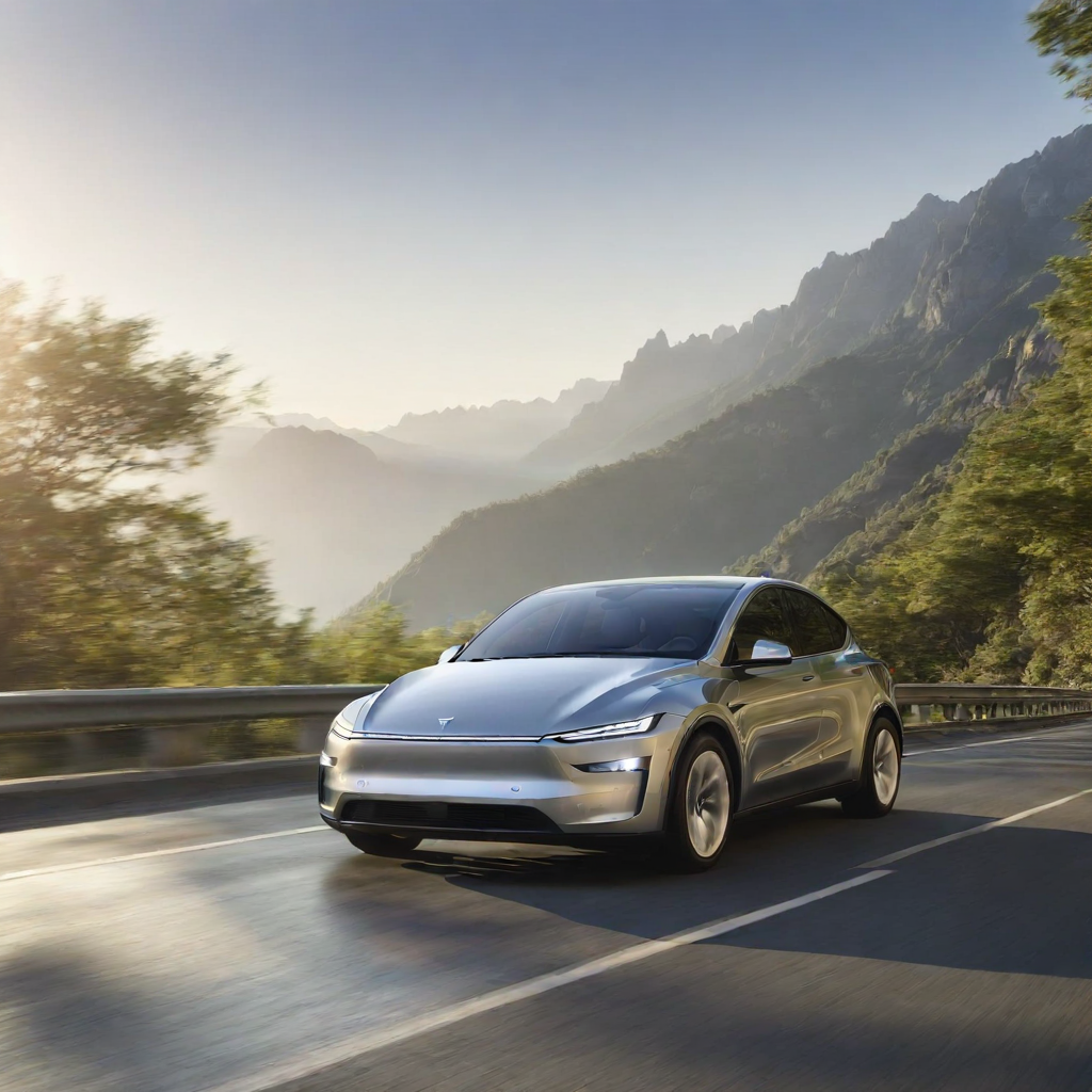a photo of a TSLAMDLYJNPR car  driving through a windy mountain road