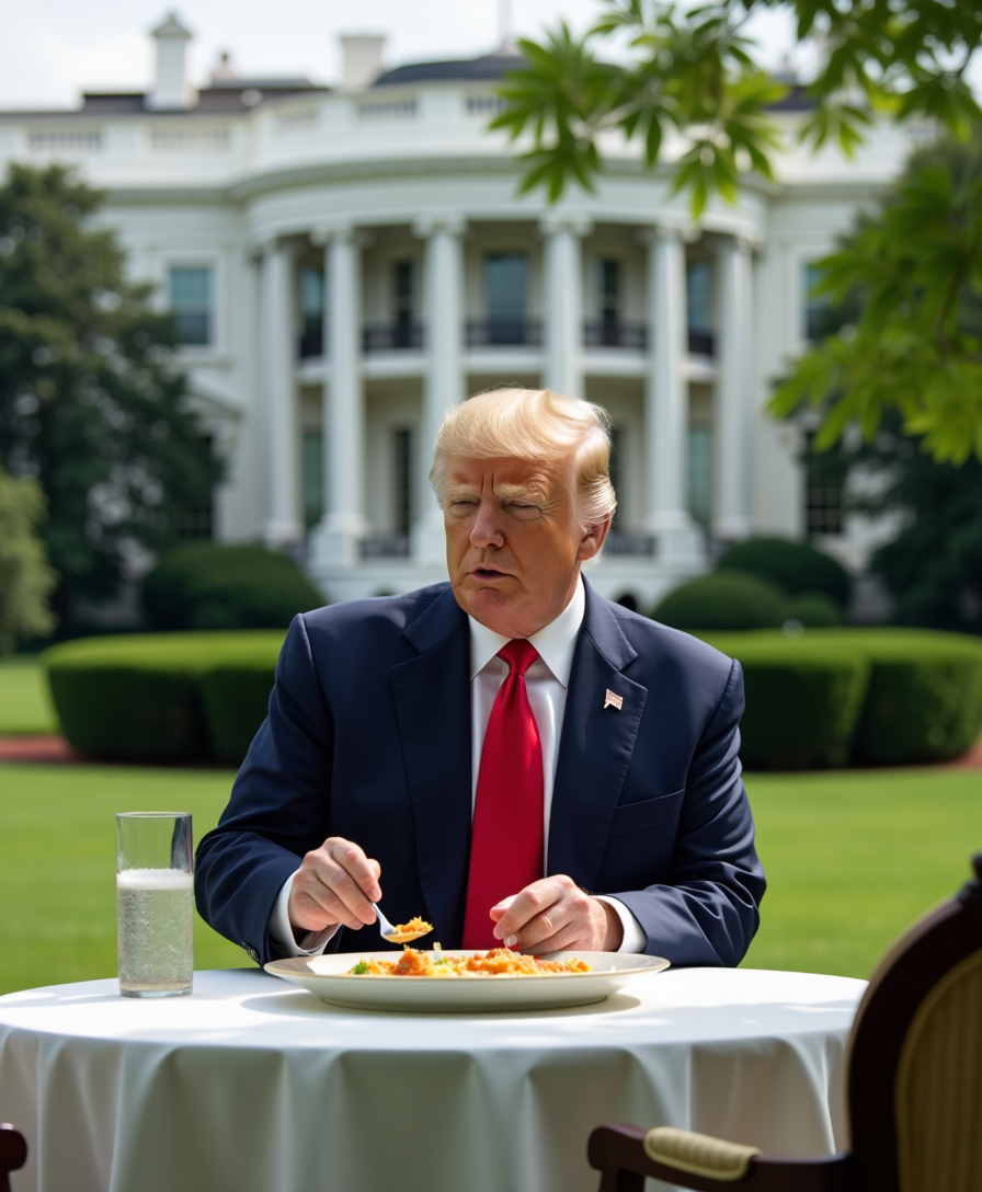 Donald Trump sitting on a garden table in front of the White House and eating lunch