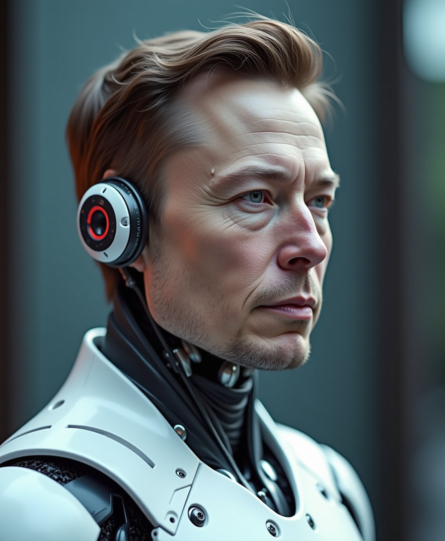 Example: Futuristic humanoid half Elon Musk
