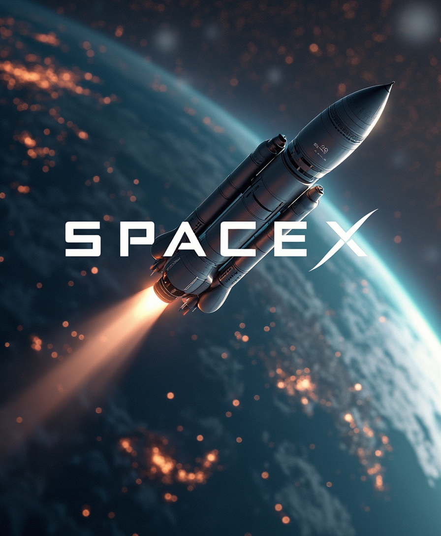 Logo in modern letters: "SpaceX", Futuristic spaceship hovering over earth, bokeh